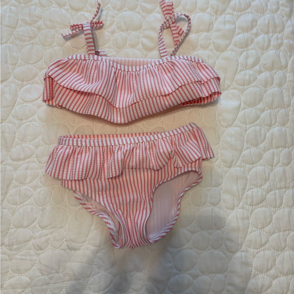 Ruffle Butts Girls’ Pink and White Striped Searsucker Ruffle Bikini